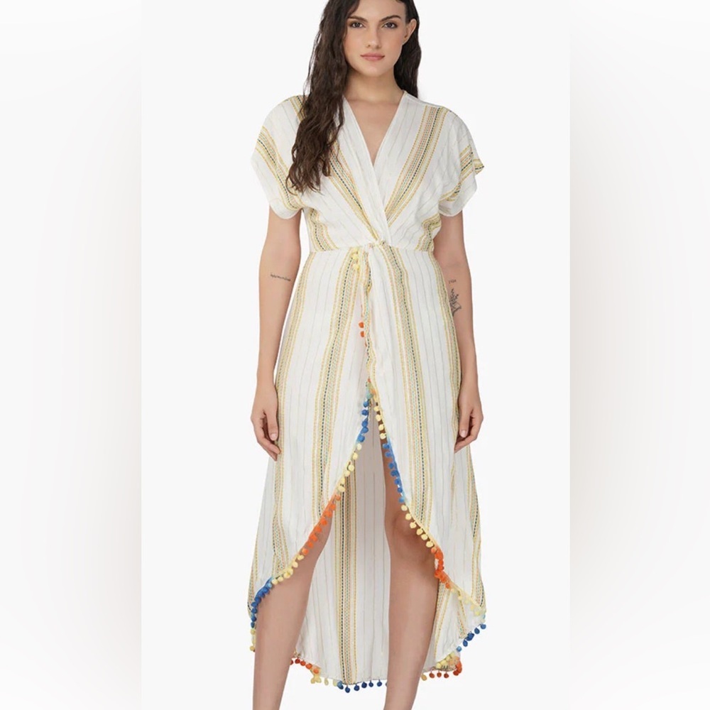 America & Beyond Striped High Low Dress with Pom Poms